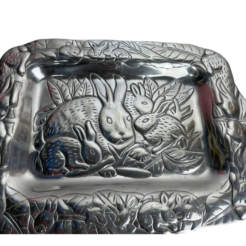 Bunny Rabbit Easter Holiday Bunnies Serving Tray Cast Aluminum 14” X 11” Vintage